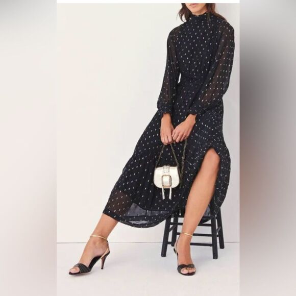 NEW Ba&sh Romy Black Silver Gathered Metallic Fil Coupe’ Maxi Dress 6 - Picture 1 of 16